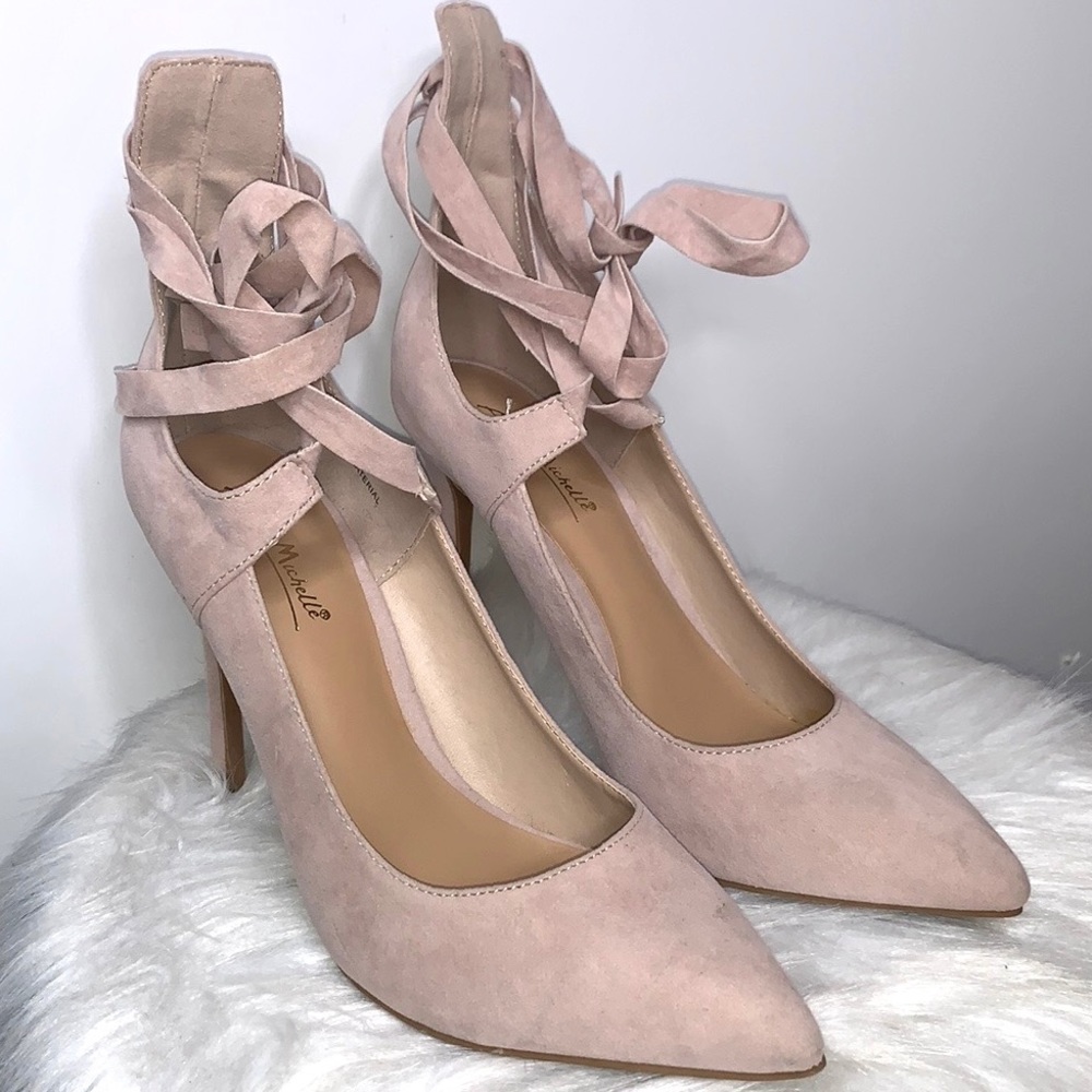 ANNE MICHELLE Tan Faux Suede Tie Pointy Heels Shoe